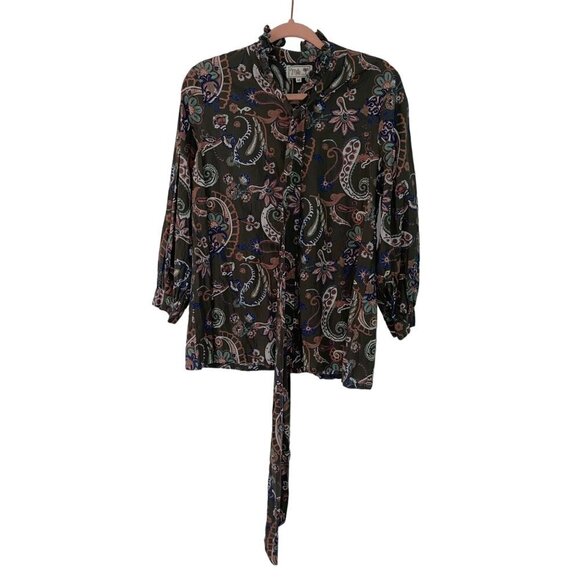 Mille Womens Top Size XS Green Le Marais Paisley Button Up Long Sleeve Tie Neck - Picture 2 of 10